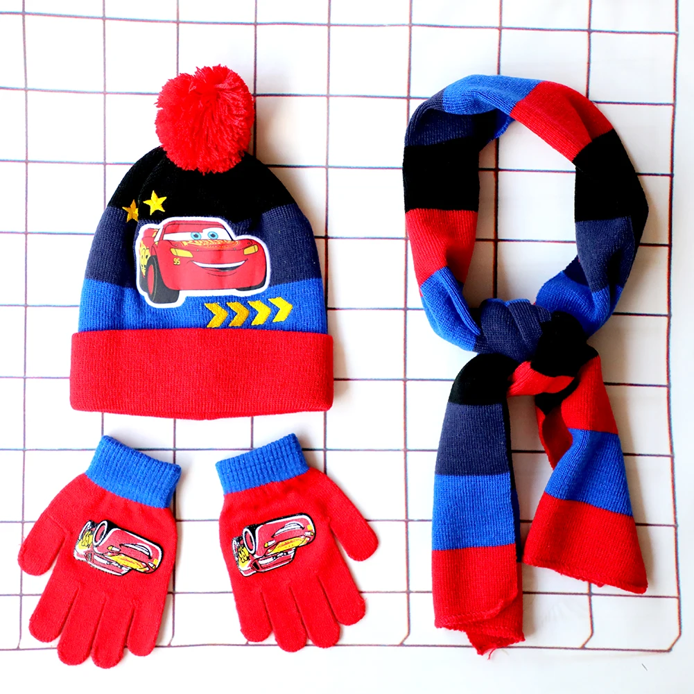 Disney New Autumn and Winter Cute Children Cars Cartoon Scarf Hat glove three-piece Warm Boy Girl Car Child hats