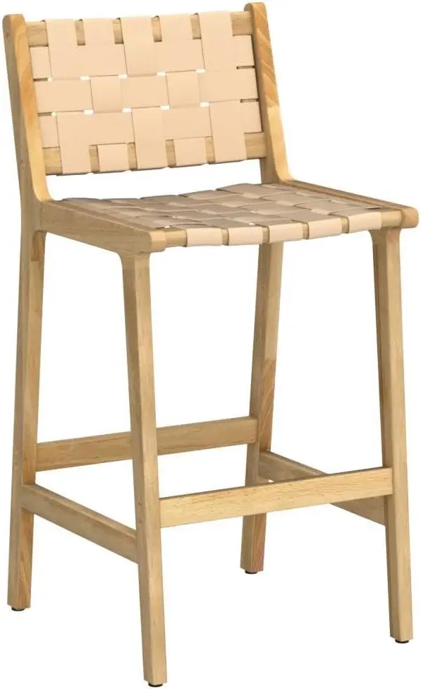 Counter-Tabouret de Comptoir Tissé en Faux Cuir avec Dos, Beige Foncé, Salle à Manger, Maison, Cuisine, 24 Pouces, Lot de 2