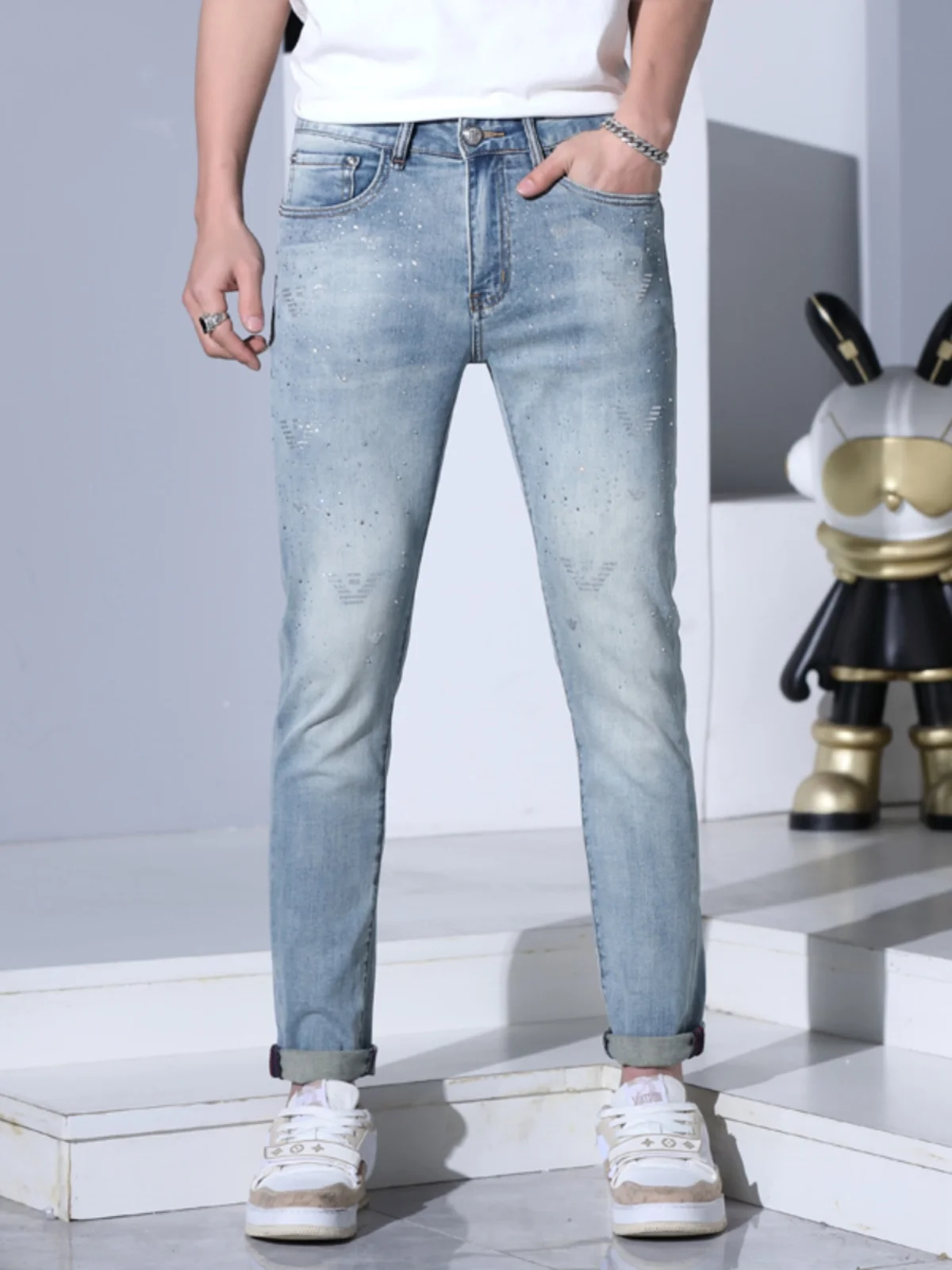 

High-End Rhinestone Men's Jeans Slim Fit Casual Long Pants Spring Autumn New Sle Faion Brand Cotton Stretch Denim