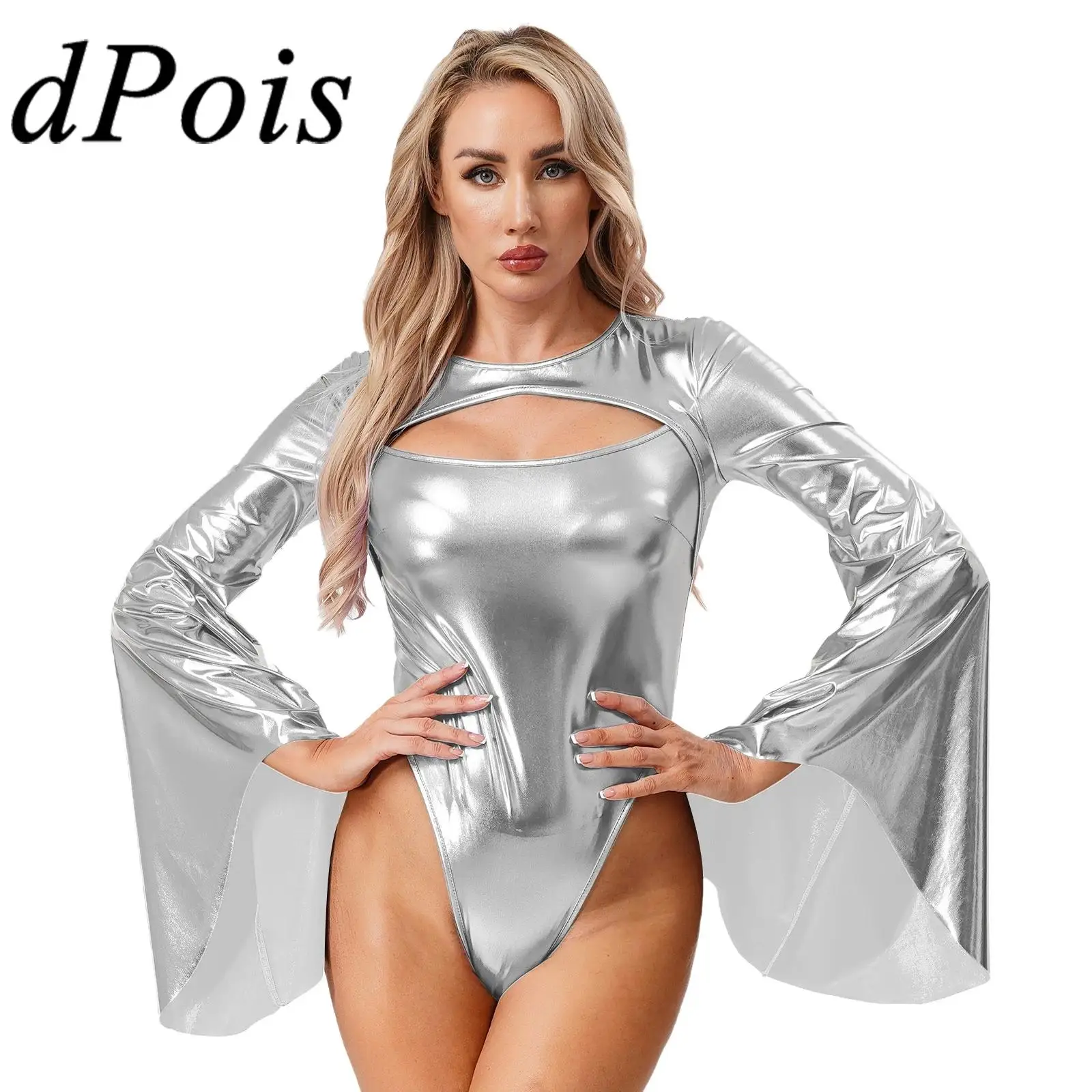 

Womens Halloween Party Carnival Party Clubwear Disco Costume Shiny Rave Cosplay Singer Bodysuit Metallic Flared Sleeves Leotard