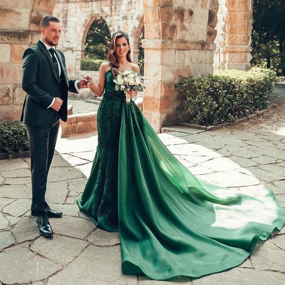 Vestidos De Noche De sirena verde esmeralda, Vestido De un hombro con pedrería para ocasiones especiales, Vestido De Organza De tren desmontable