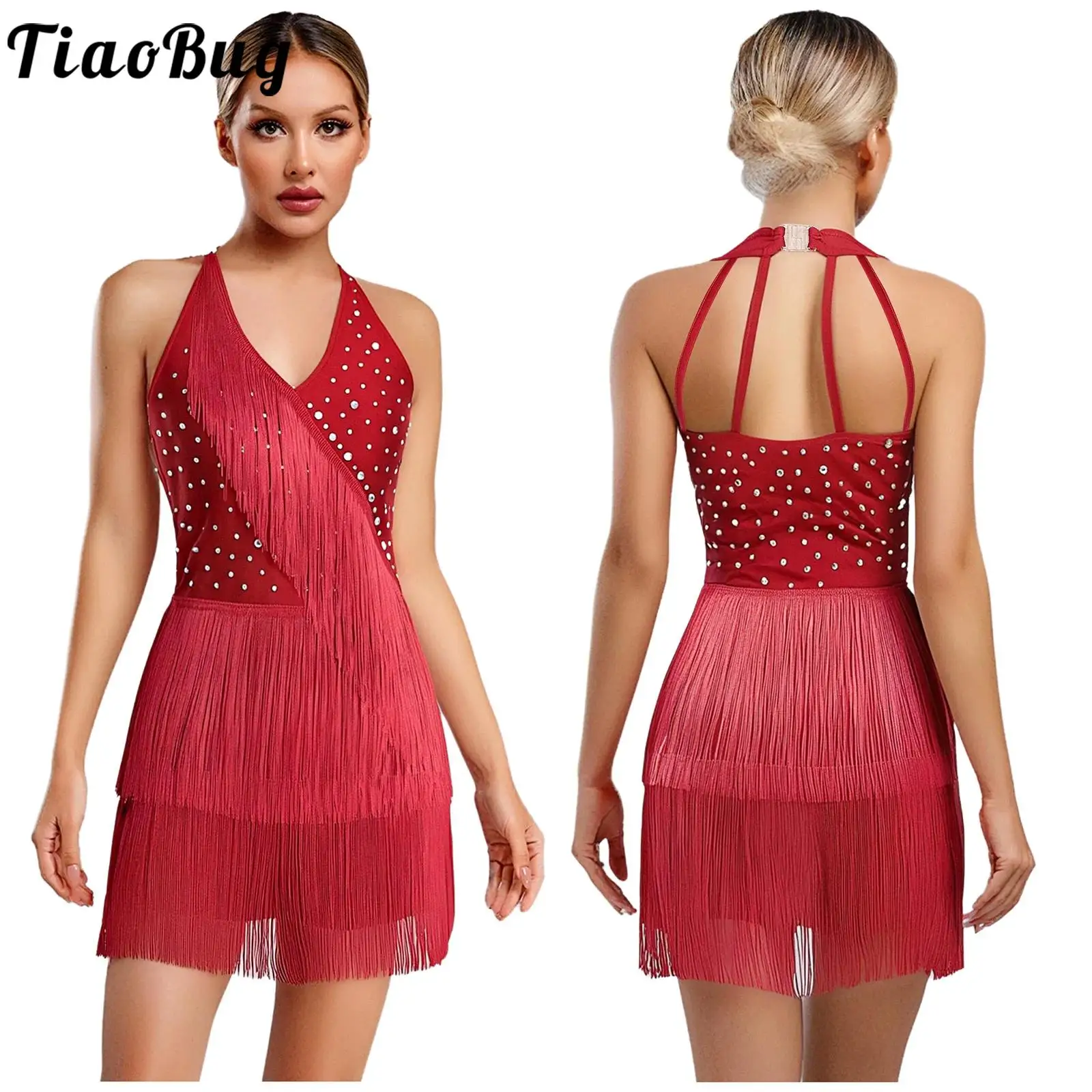 

Women Latin Leotards Dress Dance Costume Rhinestones Fringe Bodysuit Skirted Sleeveless Tassel Jumpsuit Tango Salsa Jazz Dress
