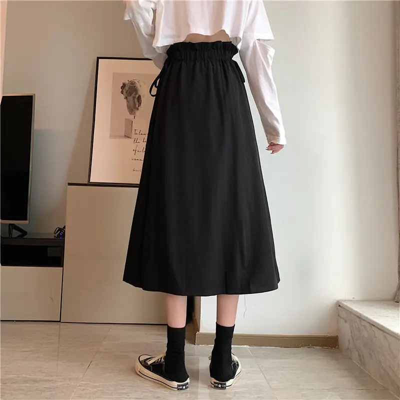 Spring Autumn Midi Skirts for Women Korean Fashion Lace-up Design Cute High Waist Y2k College Street A-line Skirt Chic All-match