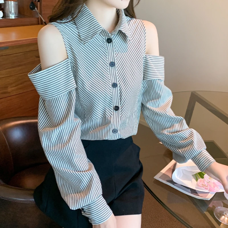 Korean Style Striped Strapless Shirt Women Long Sleeve Single Breasted Office Lady Tops Fashion Casual Versatile Blouse Female