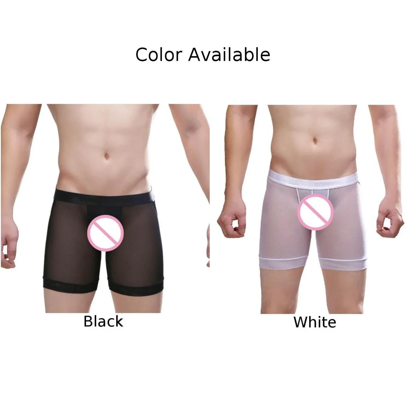 شورت بوكسر مفتوح بين الرجلين، خصر متوسط، مسامي ومريح، نسيج نايلون، ألوان بيضاء وسوداء، ملابس داخلية مثيرة