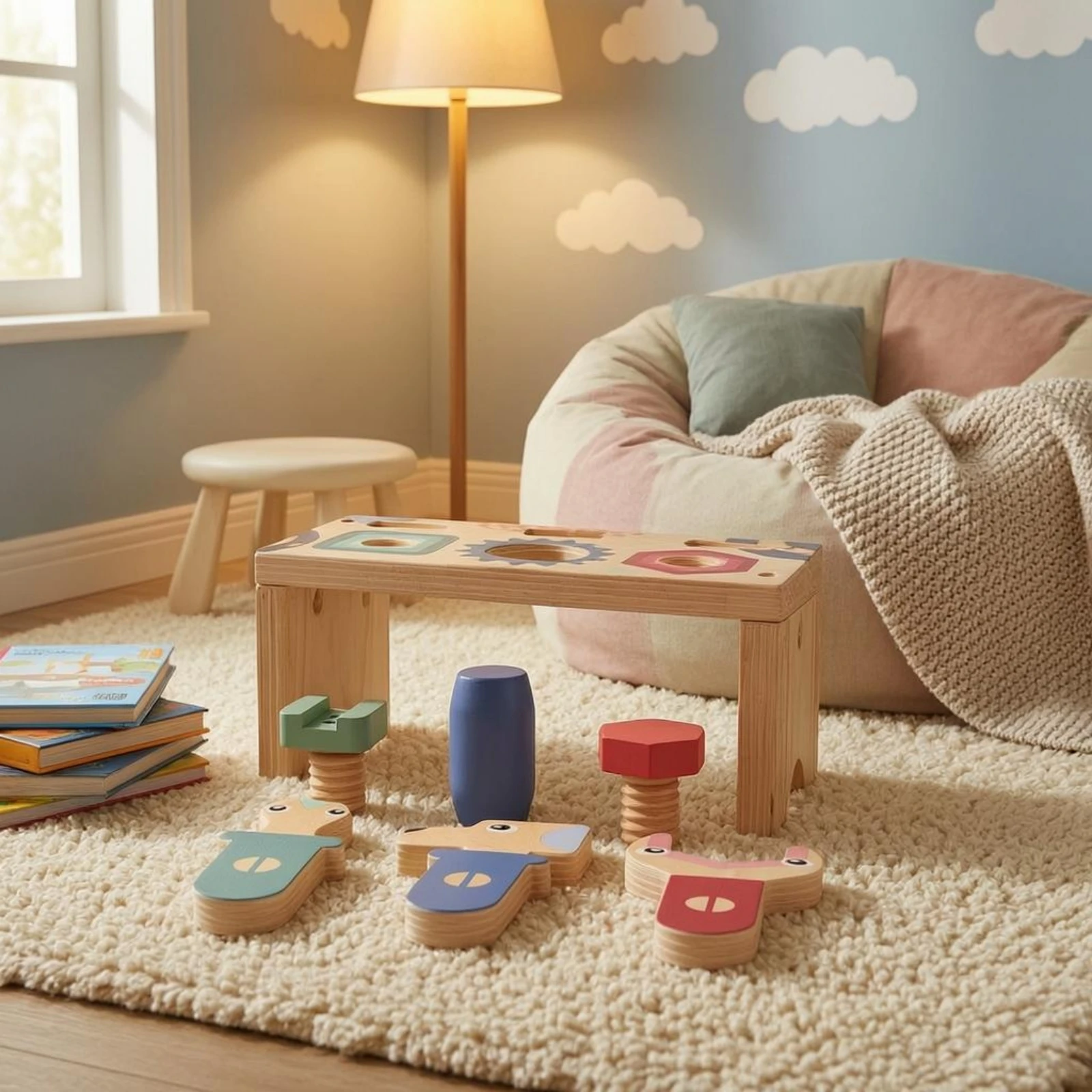 tool-table-toy-cutout-holes-wooden-balance-toy-children's-playset-geometric-blocks-fine-motor-skills