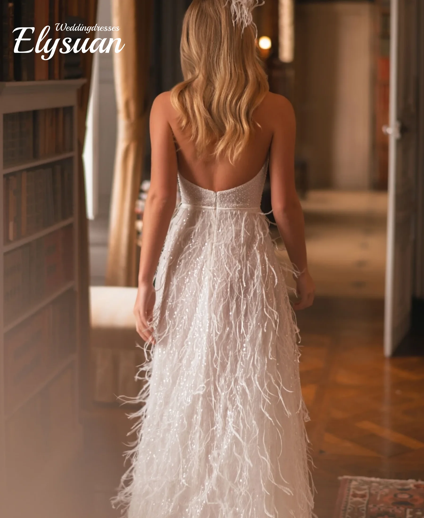 Customized Sexy Deep V-neck Wedding Dress Shiny Pearls Mermaid For Bride Backless Applique Feathers Bridal Gown Vestido De Novia