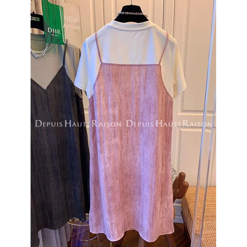 女性用半袖Tシャツドレス,ゆったりとしたフィット感,ラウンドネック,対照的な色,大きいサイズ,フレンチスタイル,2枚