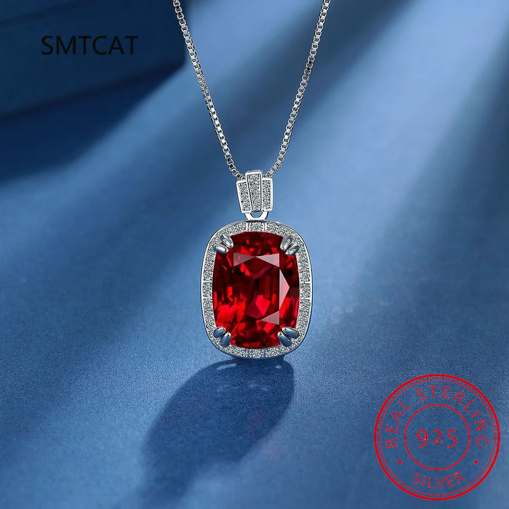 

Emerald Cut Red Natural Garnet Ruby 925 Sterling Silver Pendant Necklace for Women Rectangle Gemstone Jewelry Colar de Prata