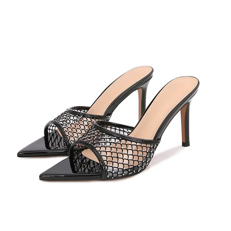 

Black Grid/transparent Rhinestone 8.5cm High Heel Slippers Women's Pointed Open Toed European American Elegant Sexy Sandals