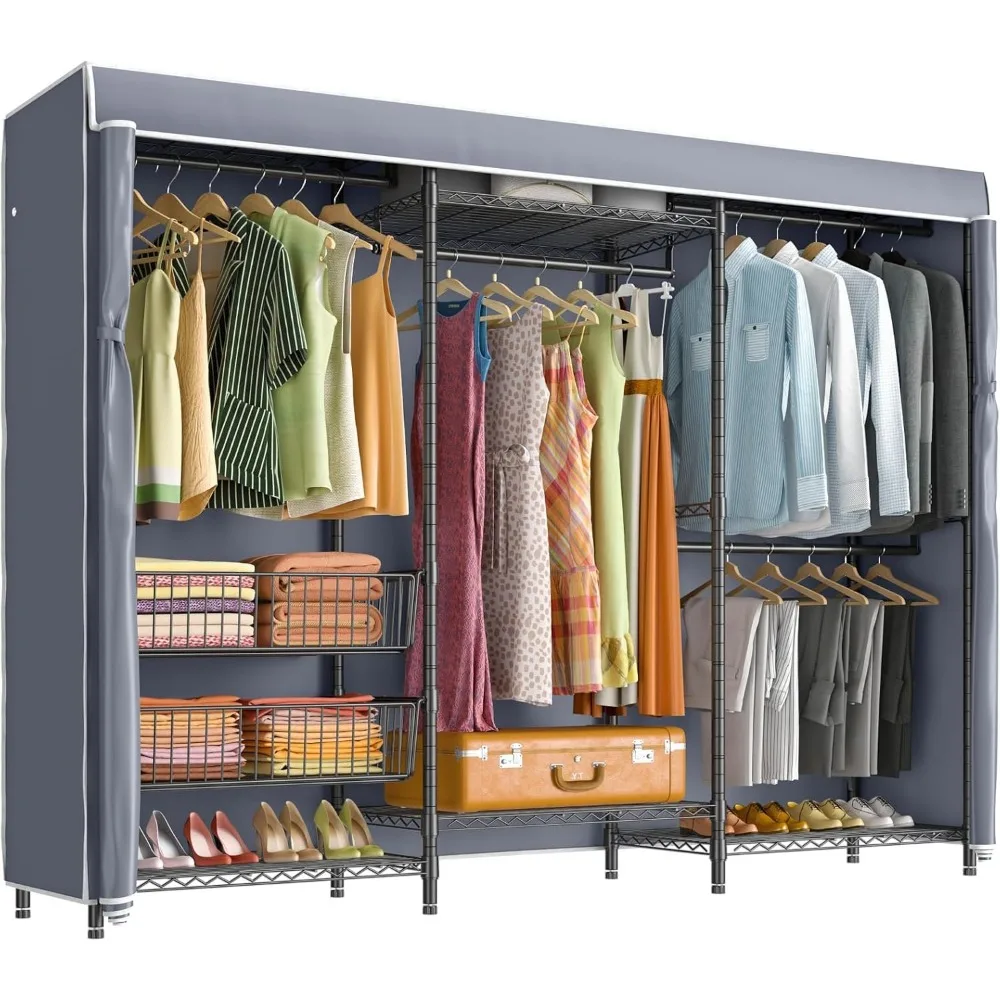 

V10C Plus Portable Closets Heavy Duty Clothes Rack with Slid Basket, Wardrobe Closet, Black Clothing Rack with Grey Oxford