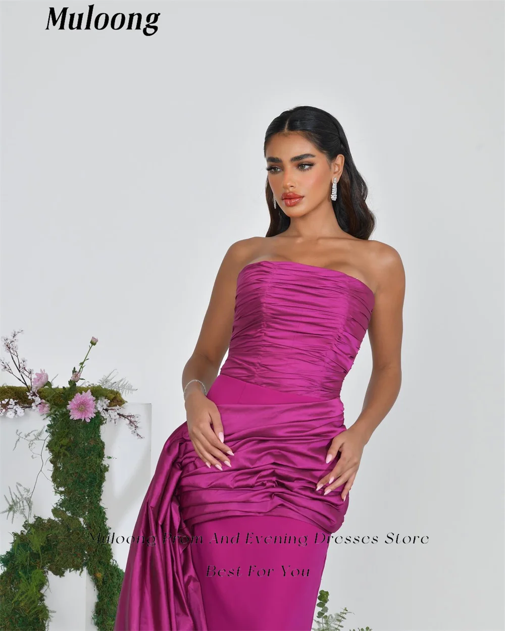 Muloong Pink Strapless Maxi Dress Ankle Length Pleated Mermaid Saudi Aribia Women vestidos de fiesta 2023