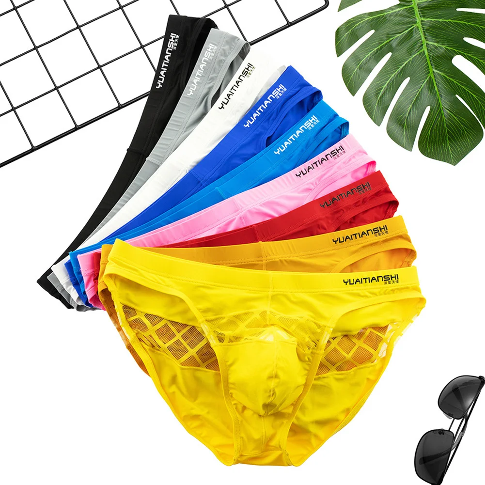 New Mens Extremely Sexy Bikini Thin Low-rise Breathable Briefs Solid Color Swimwear Nylon Ice Silk See Through Men\'s Underwear