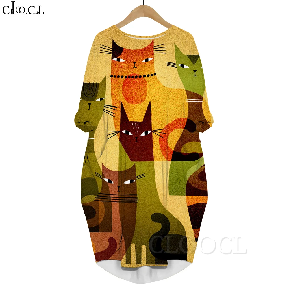 Cloocl pintura de gato 3d impresso harajuku bolso vestido solto casual verão roupas femininas manga longa vestidos de fiesta