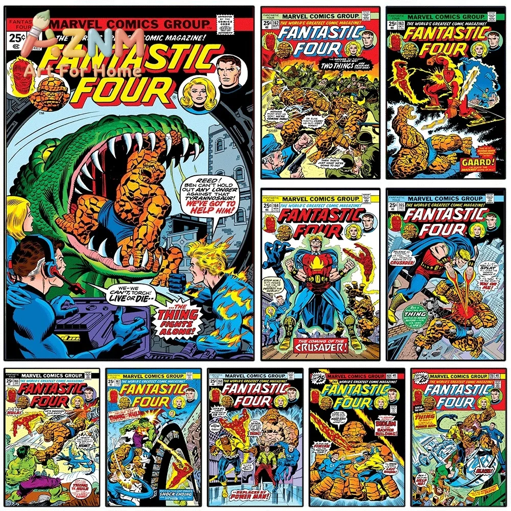 AZNM Fantastic Four The Thing Fights Alone Vintage Comic Cover Collage Canvas Wall Art Unframed Print, Superhero Poster for Be