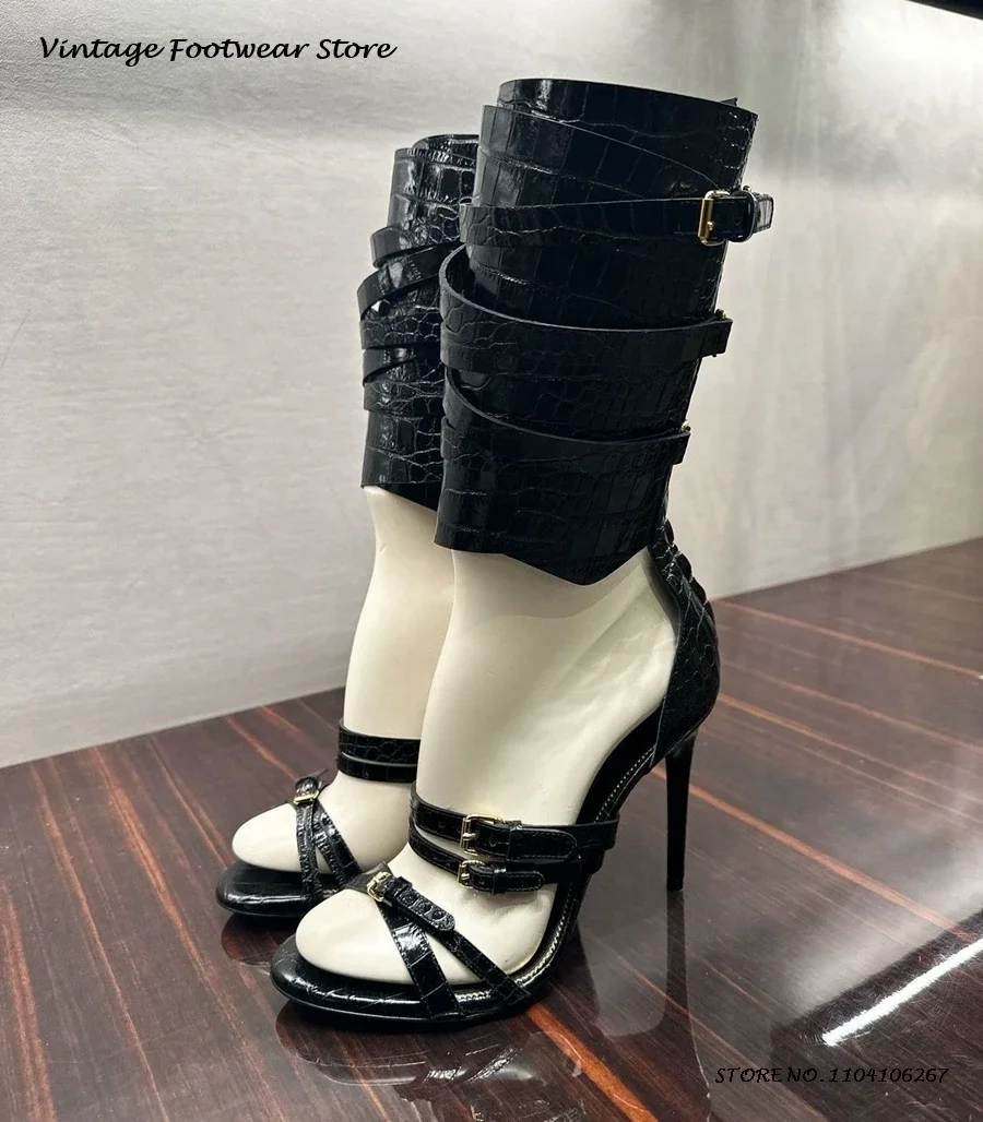 

Gladiator Triple-Buckle Leather Sandals Punk Style Round Open Toe Thin Heels Shoes Women's Buckle Strap Back Zip Cool Stilettos