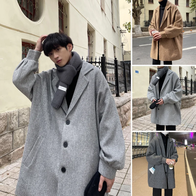 

Autumn Winter Korean Version Trend Medium Long Woolen Coat Man Thickened Loose Ruffian Handsome Large Windbreaker Mens Jacket