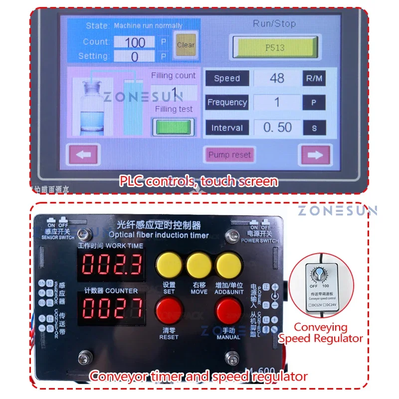 ZONESUN ZS-DTCP1 Automatische Ampulle Flüssige Füll Maschine Mit Förderband 0,2-5ml Reagenz Augentropfen Keramik Pumpe Flasche Füllstoff