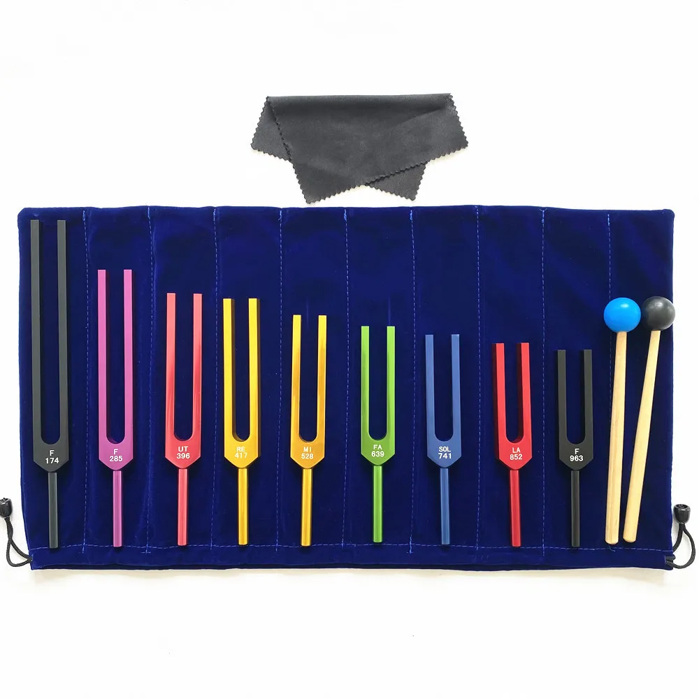 9pcs Colorful Chakra Tuning Forks Aluminum Alloy Yoga Diapason Music Therapy Professional Tuning Fork Set Percussion Instruments