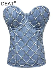 DEAT Fashion Sexy Women's Short Tank Tops New Diamond Studded Cross Pull Rope Denim Cotton Vest Spring 2024 New Tide 7AB3460