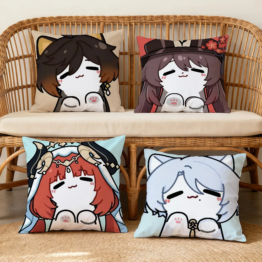 Genshin Impact Face Cute Cat Q-version Cushion Cover Square Decorative Throw Pillow Case Sofa Bed Living Room Anniversary Gifts