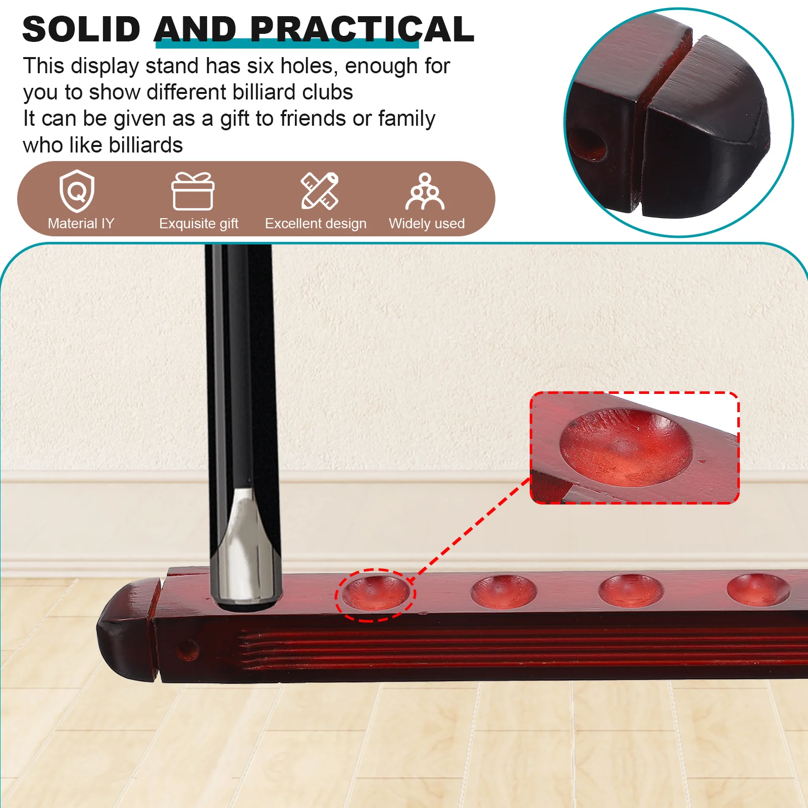 

1Set Wall-Mounted Six Hole Wood Cue Rack Pool Stick Holder Billiard Rod Display Organizer Pool Stick Holder Wood Cue Rack