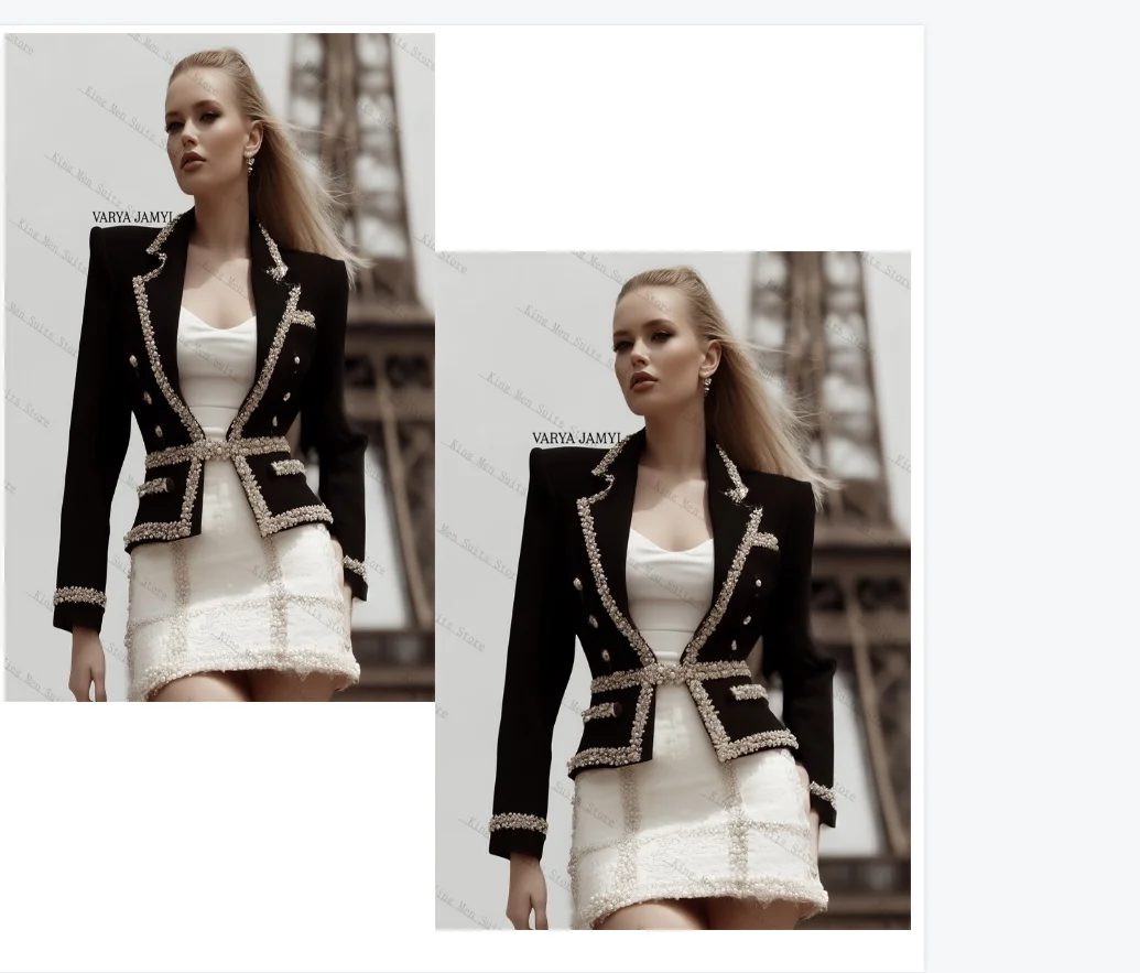 

Black Women Suits Skirt Set 2 Piece Blazer+Prom Dress Luxury Pearls Customized Office Lady Jacket Wedding Tuxedos Coat