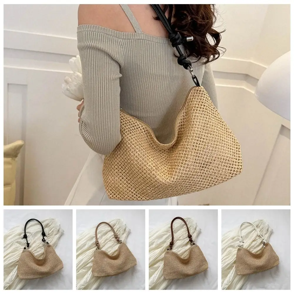 

Large Capacity Straw Woven Crossbody Bag Bohemian Style Adjustable Shoulder Strap Woven Shoulder Bag Zipper Handmade