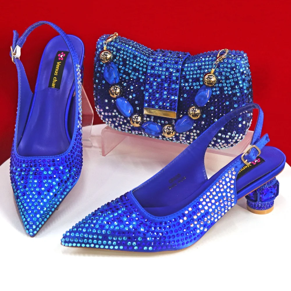New Arrival Fashion Party Wedding Magnet Button Pointed High Heels Water Diamond Shiny Sandals and Bag Set in R.Blue Color