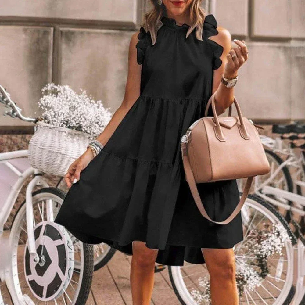 Summer Casual Ruffle Collar White Loose Beach Women\'s Dress Casual Bohemian Sleeveless Large Hem Solid Round Neck Long Dress