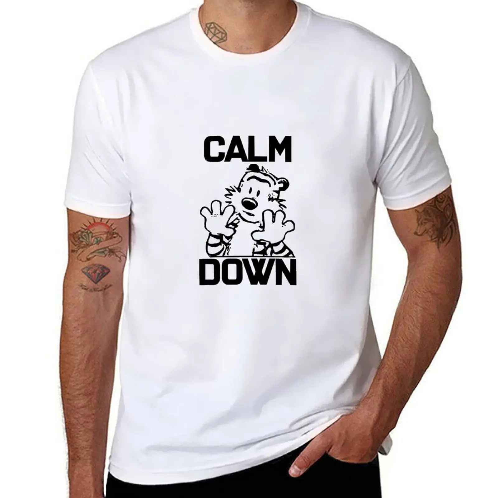 

CALVIN and HOBBES CALM DOWN Funny Stuffed Tiger Cartoon T-Shirt anime tshirt man t shirt cotton high quality T-shirt