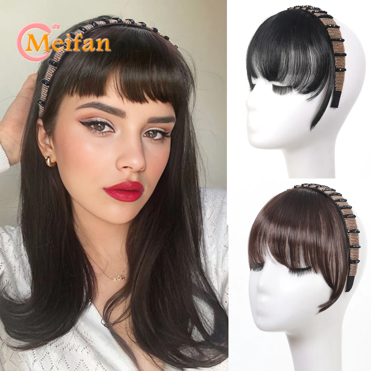 

Hair Band Bangs Synthetic Fake Bangs with Water Drill Wide Headband Blunt Fringe Clip on Bangs Extension for Women Daily Wear