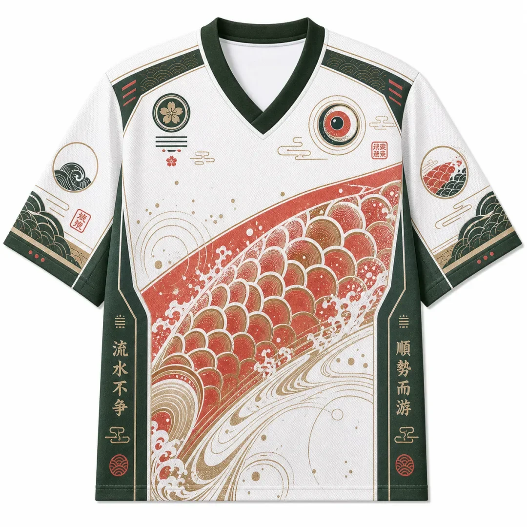 Japanese Red Koi Scale Water Wave Pattern Full Screen Printed Retro Oriental Ukiyo-Style Breathable Mesh Sports T-shirt
