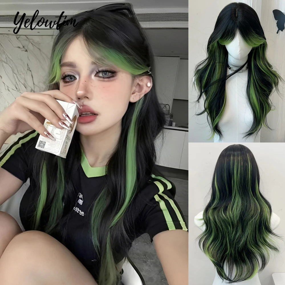 

Yelowtim Synthetic Black Ombre Green layered Long Wavy Wig Lolita Cosplay Women Fluffy Heat Resistant Wig for Daily Party