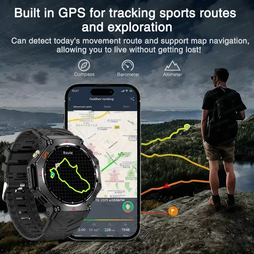 Imagen 2 del producto Nuevo reloj inteligente militar con GPS Real para hombre, 10ATM, IP69K, resistente al agua, relojes deportivos para nadar, linterna, llamada Bluetooth, reloj inteligente AMOLED HD