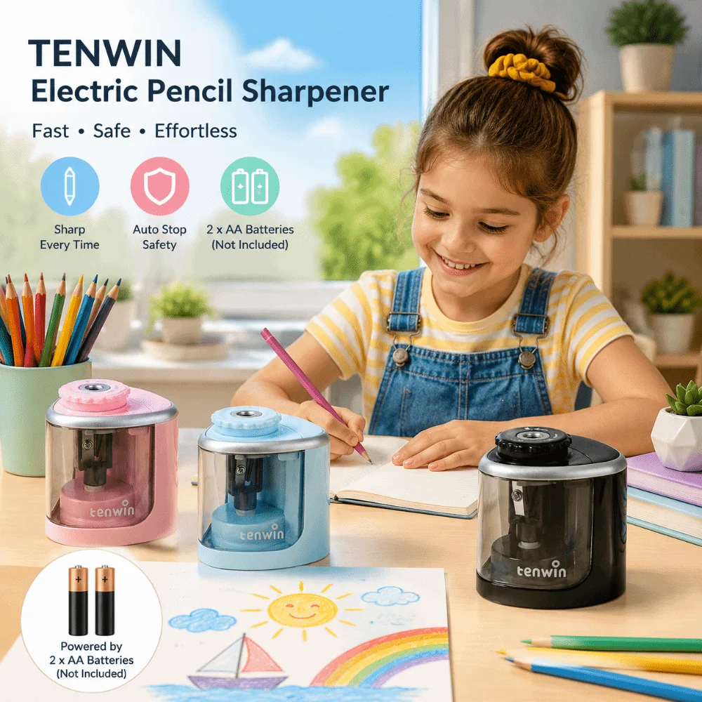 Multi-Purpose Electric Pencil Sharpener Desktop Stationery Tenwin Automatic Sharpener 2 in 1 Pencil Cutting Tool Teacher Reward