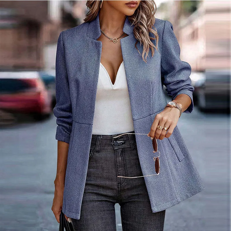 

Autumn Winter Women Jackets Blends Solid Color Stand Collar Women Blends Jacket Woolen Long Coat Cardigan