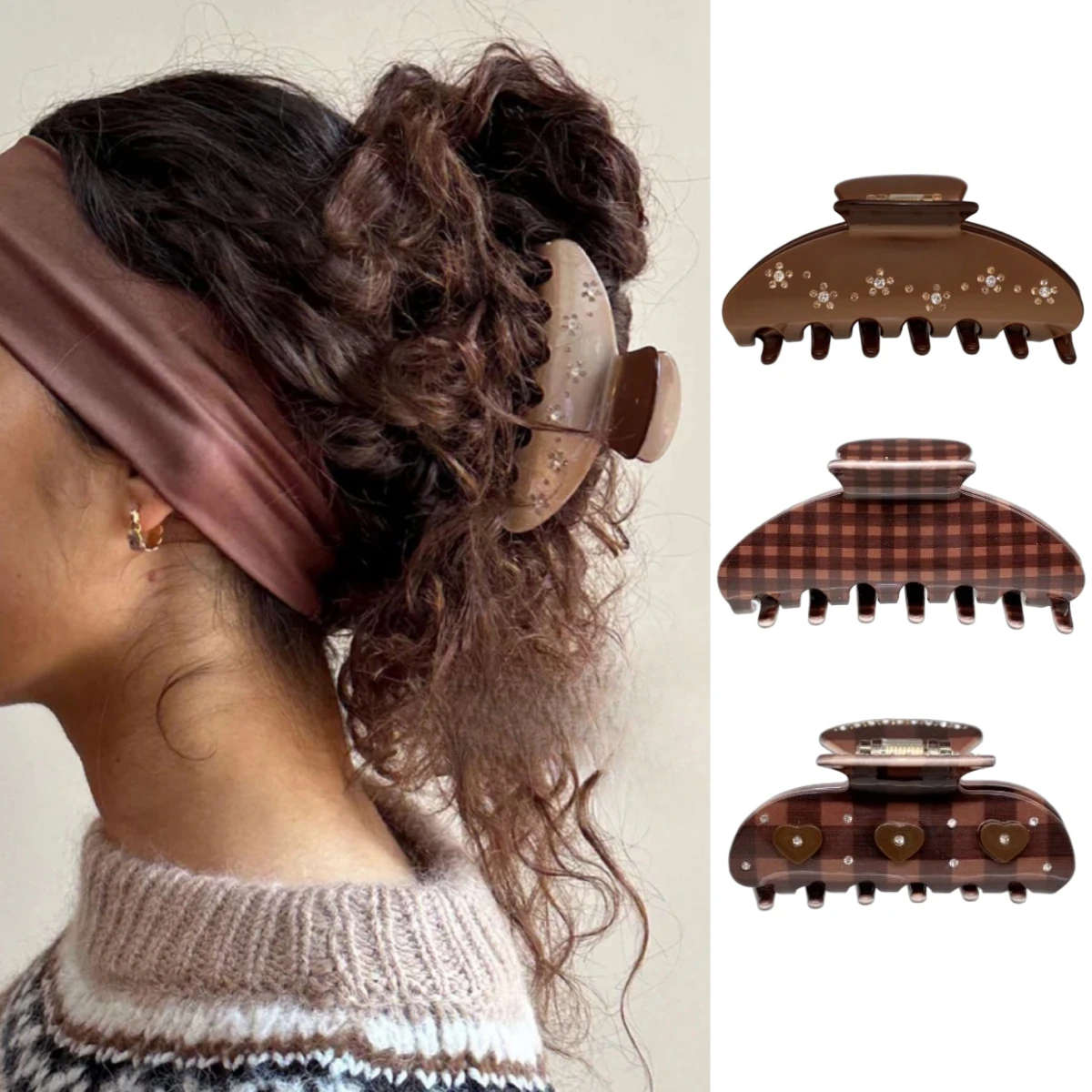 

2026 New Chocolate Color Hair Clips for Women Autumn Winter Rhinestone Heart Checkered Acetate Hair Claw Clip Hair Accessories