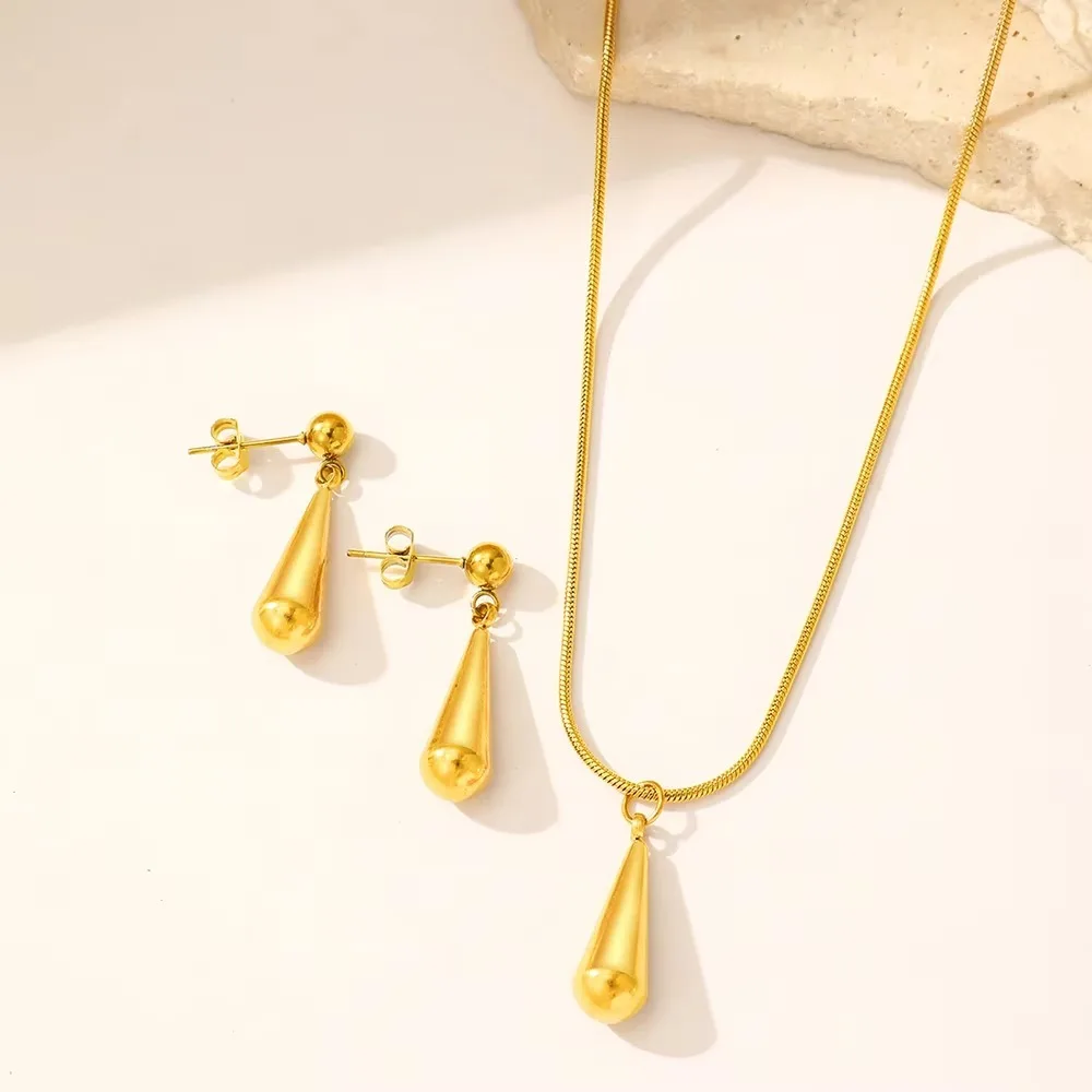 Premium Teardrop Pendant Gold/Silver Stainless Steel Earrings Necklace Combo Set Minimalist Design Jewelry Accessories Gift