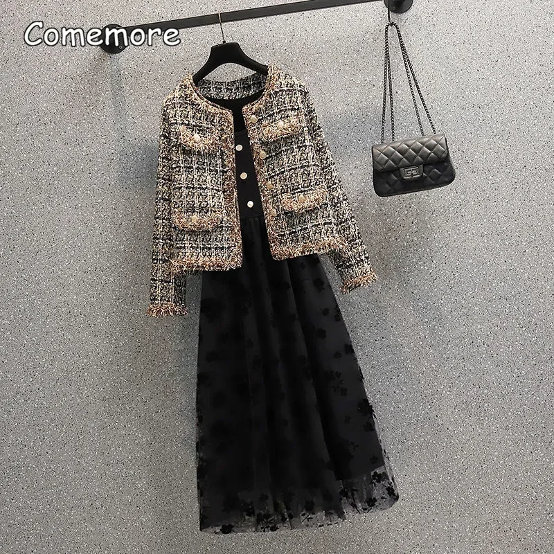 Comemore 2023 New Autumn Vintage Tweed Jacket Coat Women Patchwork Korean Cropped Coats Elegant Short Outerwear Winter Clothes