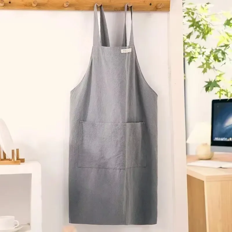 Solid Color Japanese and Korean Simple Denim Cotton Linen Women Apron, Work Blouse Apron for Kitchen Florist Coffee Shop