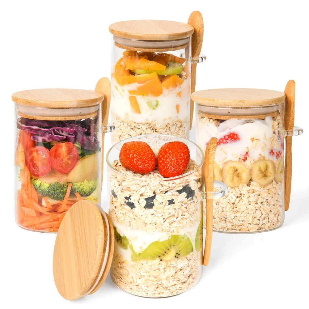 1/2/3/4 recipientes para avena nocturna con tapa, frascos de vidrio herméticos de 16 oz con cuchara para pudín de chía, ensalada, cereal, café, té