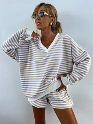Women's Striped Sports Two-piece Set Autumn Casual Long Sleeved V-neck Loose Top Shorts 2 Piece Suit Sweatshirt Outfit Oversized