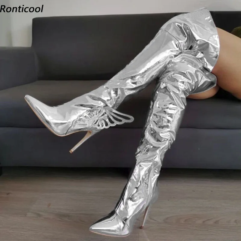 Ronticool Women Winter Shiny Over The Knee Boots Wing Stiletto Heels Pointed Toe Silver Pink Boutique Club Shoes US Size 5-15
