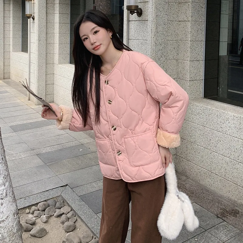 Women's Winter Tops Jacket Cotton Coat Round Neck Button Warm Thickened Vintage Simple Comfortable Casual Niche Versatile Skinny