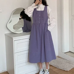 Women Trendy Vintage Ruffle Lace Up Japanese Preppy Style Midi Dress Spring Autumn Solid Loose Sleeveless Pockets Casual Dresses