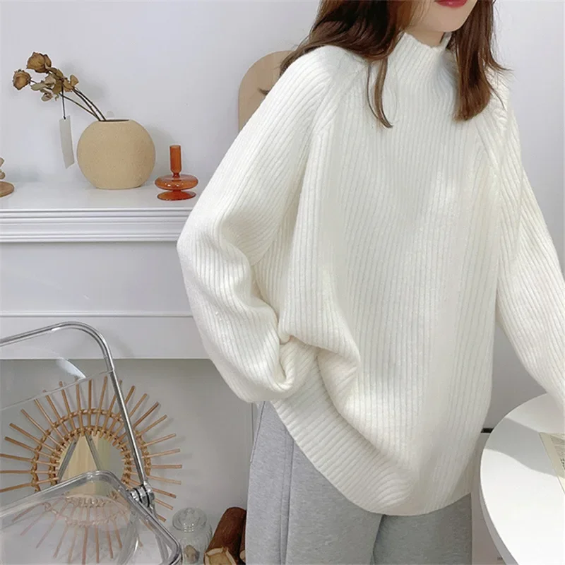 Women Knit Sweaters Full Sleeve Turtleneck Loose Pullover Jumpers Casual Solid Sweater Splice Elegant Ladies Autumn Winter