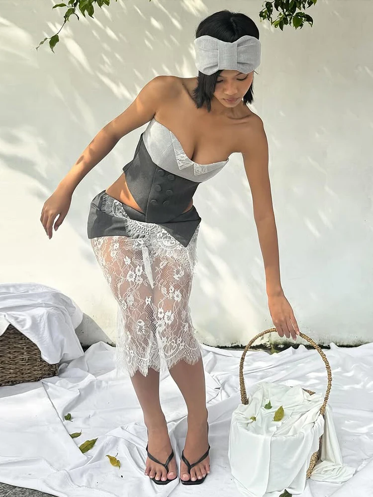 Cutenew موضة شيك 2 قطعة مجموعة المرأة المرقعة حمالة زر غير النظامية هيم توب + الدانتيل الجاكار تنورة هوتي مثير سليم وتتسابق #3