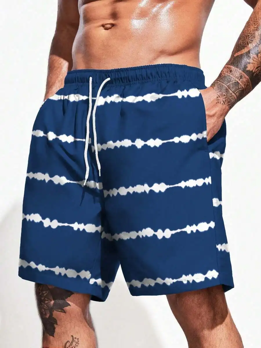 

Mens Tie Dye Striped Shorts Elastic Waist Drawstring Lightweight Casual Beach Shorts