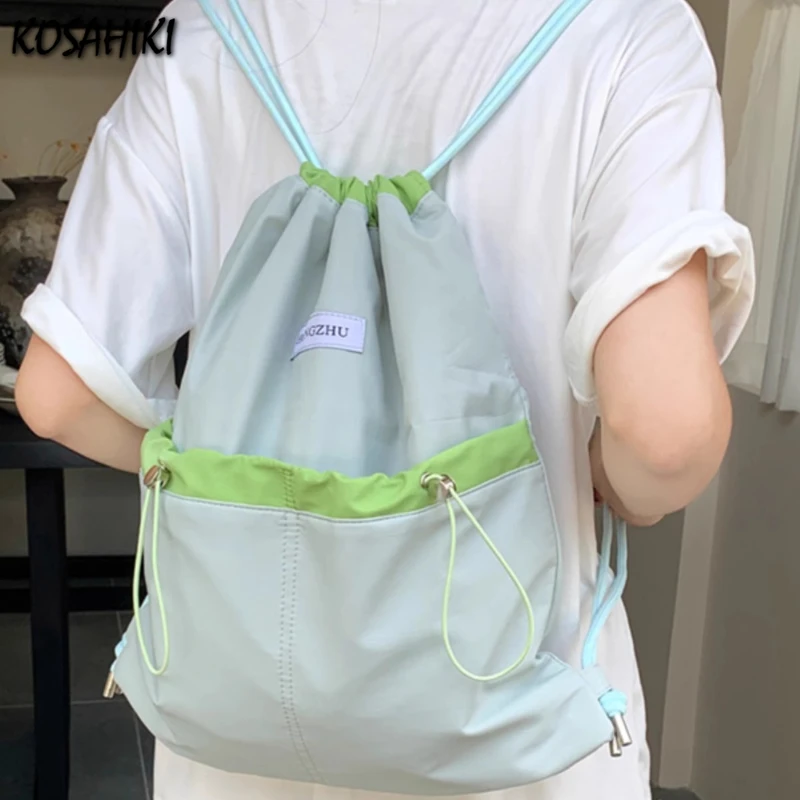 

Korean Y2k Aesthetic Pleated Backpack Contrast Color Drawstring Vintage Schoolbags All Match Travel Backpacks for Women Students